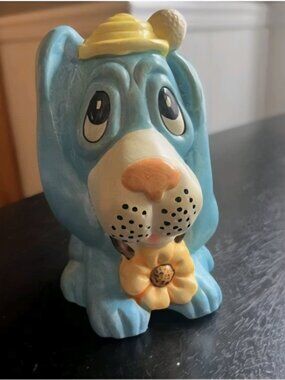 Cute Vintage Chalkware Blue Dog with Hat and Flower Coin Bank🩵